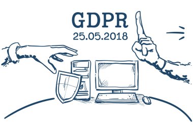 kalkan güvenlik ve kişisel verilerin korunması bilgisayar genel veri koruma yönetmeliği Gdpr sunucu güvenlik görevlisi üzerinde beyaz arka plan elle çizilmiş gösteren bir el dokunmayın