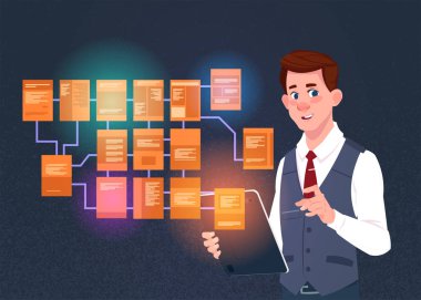 businessman with laptop over site map suitable for info graphics, websites and print media and interfaces on dark background, Wireframe Structure Layout, website flowchart concept clipart