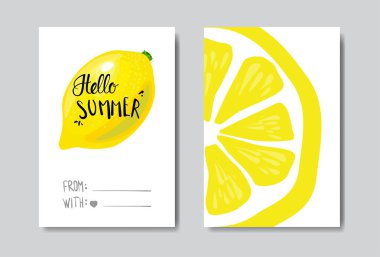Set Merhaba yaz limon rozet izole tipografik tasarım etiketi. Logo, şablonlar, davet için yazı, tebrik kartı, baskılar ve posterler sezon tatil.