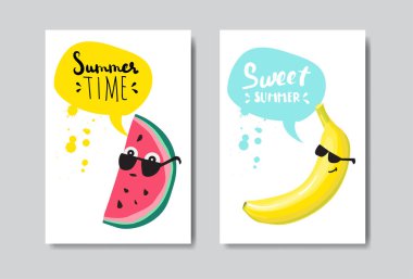 Set yaz karpuz muz rozet izole tipografik tasarım etiketi. Logo, şablonlar, davet için yazı, tebrik kartı, baskılar ve posterler sezon tatil.