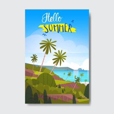 Merhaba yaz manzara palmiye ağacı beach rozet tasarım etiketi. Logo, şablonlar, davet için yazı, tebrik kartı, baskılar ve posterler sezon tatil.