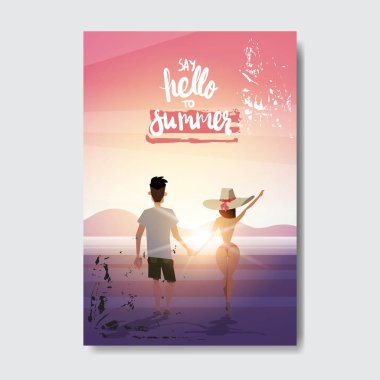 gün batımı arka görüş arıyorsunuz elele yaz aşk adam kadın çift manzara plaj rozet tasarım etiketi rahatlayın. Sezon tatil logosu, şablonlar, davet için yazı, tebrik kartı, yazdırır ve