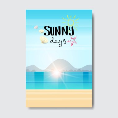yaz plaj Manzara gündoğumu rozet tasarım etiketi. Logo, şablonlar, davet için yazı, tebrik kartı, baskılar ve posterler sezon tatil.
