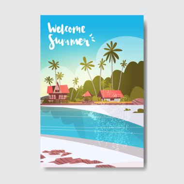 Yaz ev otel palmiye ağacı sunrise beach rozet tasarım etiketi hoş geldiniz. Sezon yazı logo, şablonlar, davetiye, tebrik kartı, baskılar ve posterler için tatil. vektör çizim