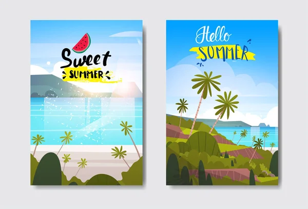 Mengatur musim panas matahari terbit lansekap tropis lencana pantai Desain Label Musim Liburan surat untuk logo Templat undangan kartu ucapan cetakan dan poster - Stok Vektor