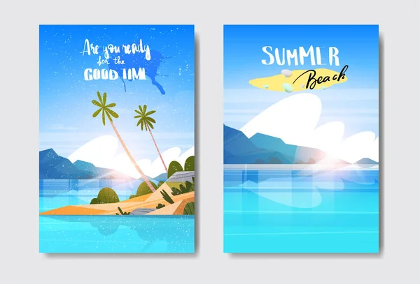 Set verano amanecer paisaje tropical playa insignia Diseño Etiqueta Temporada Vacaciones lettering for logo Plantillas invitación tarjetas de felicitación impresiones y carteles — Vector de stock