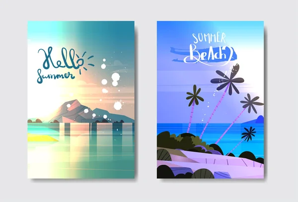 Set day night sunset landscape tropical beach badge design label. letras de vacaciones de verano para el logotipo, plantillas, invitación, tarjeta de felicitación, impresiones y carteles . — Vector de stock