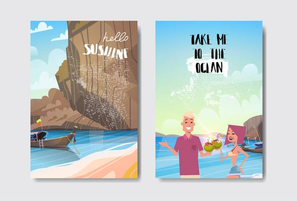 set beach boat mountain couple man woman summer vacation badge Design Label lettering for logo Templates invitation greeting card prints and posters