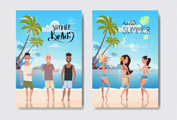 Mengatur wanita liburan santai lanskap lencana pantai tropis mendesain huruf musim panas Label untuk undangan Temlogo cetakan kartu ucapan dan poster - Stok Vektor