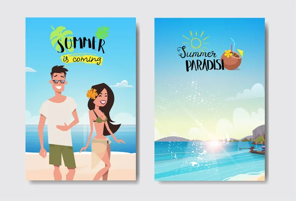 Ställa in sommar semester man kvinna par relax beach badge designmärke bokstäver för logotyp mallar inbjudan gratulationskort prints och posters — Stock vektor