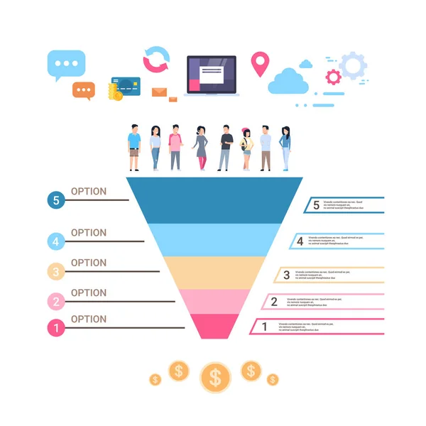 Personnes groupe de données cloud synchronisation business timeline process chart infographies entonnoir modèle utilisé pour la présentation et le diagramme de mise en page de flux de travail, conception web. bannière d'espace de copie — Image vectorielle