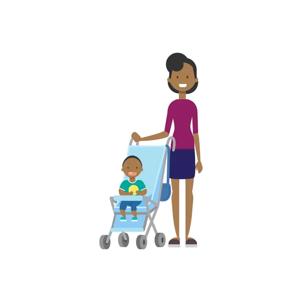 Afrikaanse moeder zoontje in kinderwagen volledige lengte avatar op witte achtergrond, succesvolle familie concept, platte cartoon — Stockvector