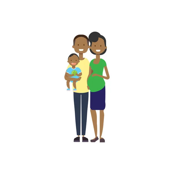 Afrikaanse zwangere moeder vader greep baby zoon volle lengte avatar op witte achtergrond, succesvolle familie concept, platte cartoon vectorillustratie — Stockvector