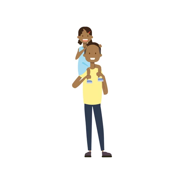 Africano padre hold bebé niña en cuello longitud completa avatar en blanco fondo, exitoso concepto de familia, dibujos animados planos — Vector de stock