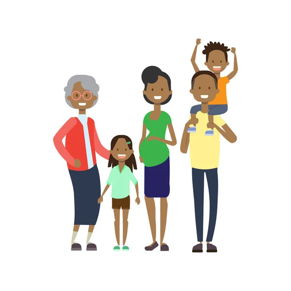 Afrikai nagyszülők szülők gyerek unoka, a több generációs család, a teljes hossza avatar a fehér háttér, a boldog családi együtt koncepció, a fa nem lapos rajzfilm — Stock Vector