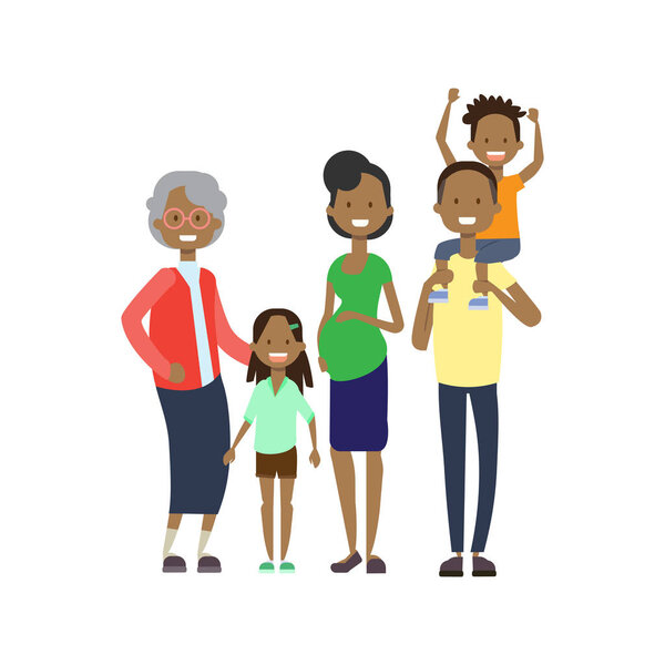 Африканские бабушки и дедушки и дедушки внуки внуки, многодетная семья, полноразмерный аватар на белом фоне, счастливая семья вместе концепция, дерево рода плоский мультфильм
