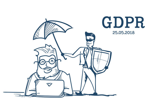 man in business suit shield hold umbrella client working office desk General Data Protection Regulation GDPR server security guard over white background hand drawn