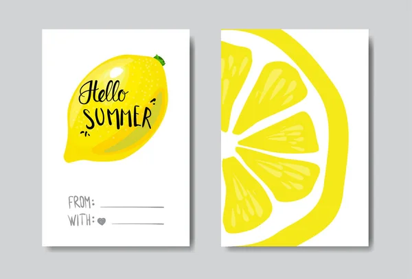 Set hello insignia de limón de verano Etiqueta de diseño tipográfico aislado. Letras de vacaciones de temporada para logotipo, plantillas, invitación, tarjeta de felicitación, impresiones y carteles . — Vector de stock