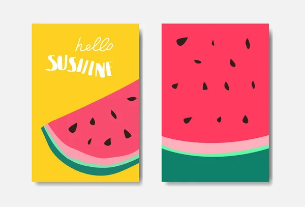 Set hello sunshine watermelon badge Etiqueta de diseño tipográfico aislado. Letras de vacaciones de temporada para logotipo, plantillas, invitación, tarjeta de felicitación, impresiones y carteles . — Vector de stock