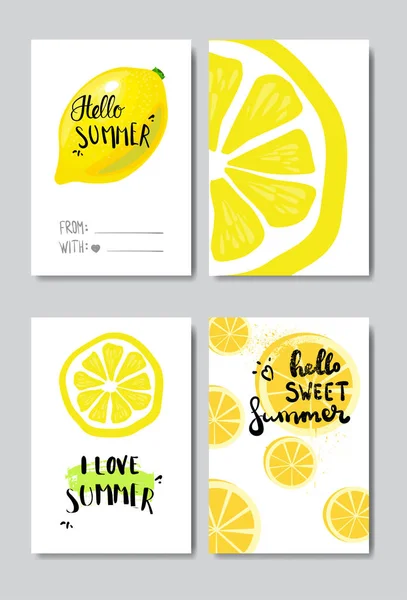 Set hello insignia de limón de verano Etiqueta de diseño tipográfico aislado. Letras de vacaciones de temporada para logotipo, plantillas, invitación, tarjeta de felicitación, impresiones y carteles . — Vector de stock