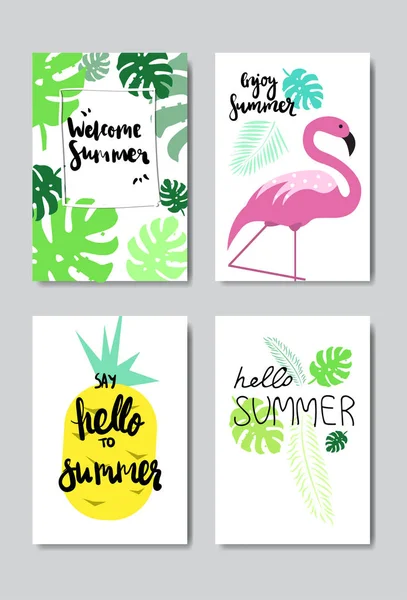 Set disfrutar de insignia de limón Flamingo verano Aislado Etiqueta de diseño tipográfico. Letras de vacaciones de temporada para logotipo, plantillas, invitación, tarjeta de felicitación, impresiones y carteles . — Vector de stock