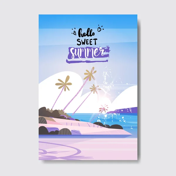 hello sweet summer landscape palm tree beach badge design label. season holidays lettering for logo, templates, invitation, greeting card, prints and posters.