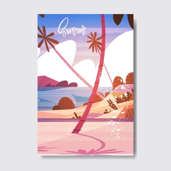 Летний пейзаж пальмы пляж заката знак дизайна значок. сезонные праздничные буквы для логотипа, шаблонов, приглашений, поздравительных открыток, гравюр и плакатов . — стоковый вектор
