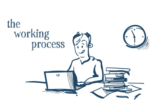 Liikemies kovaa työtä kannettava tietokone prosessi toimisto työpaikalla käsite valkoinen tausta luonnos doodle — vektorikuva