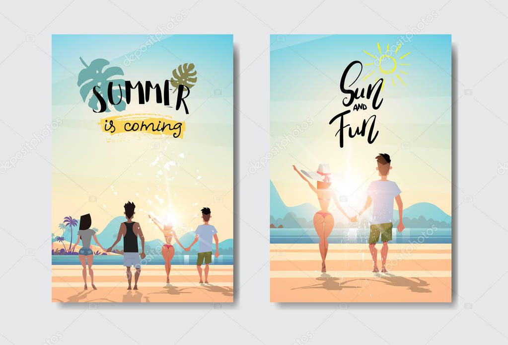 set man woman couple holding hands looking sunrise rear view summer vacation beach badge Design Label. lettering for logo,Templates, invitation, greeting card, prints and posters.