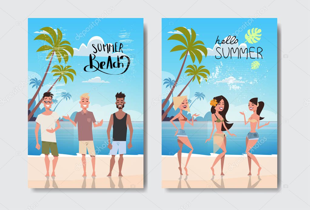 set vacation man woman relax landscape tropical beach badge Design Label summer lettering for logo Templates invitation greeting card prints and posters