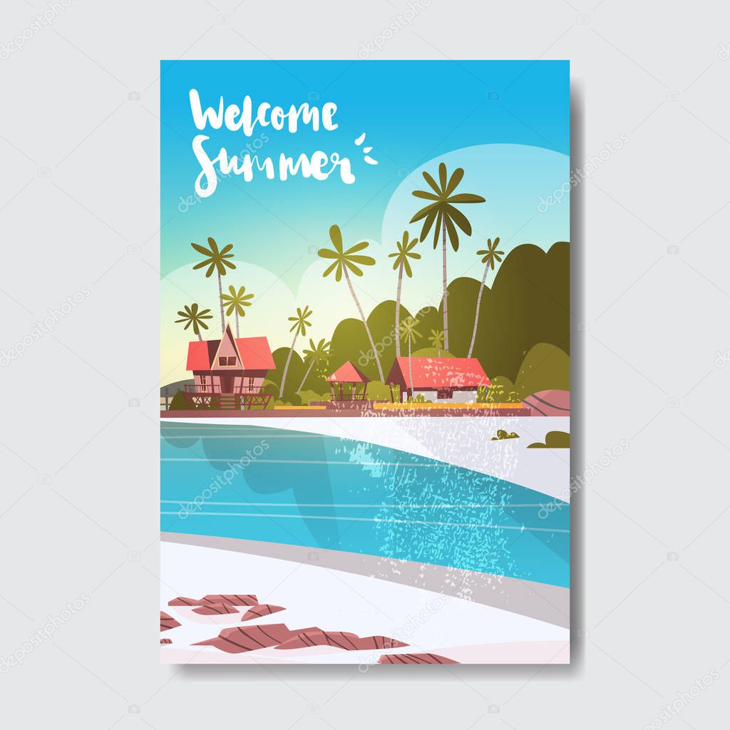welcome summer house hotel palm tree sunrise beach badge design label. season holidays lettering for logo, templates, invitation, greeting card, prints and posters. vector illustration