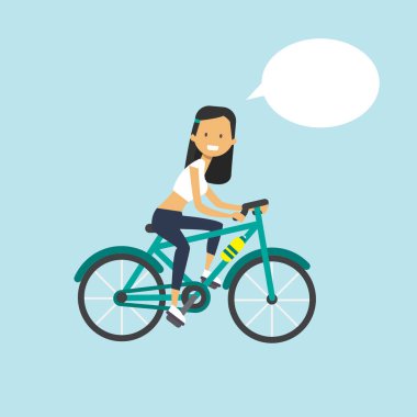 kadın sohbet kabarcık karakter tam uzunlukta üzerinde mavi arka plan düz Bisiklete binme