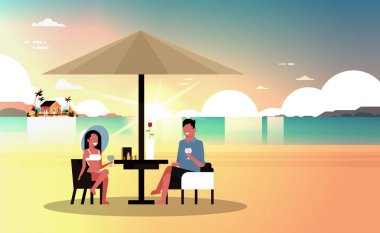 sunset beach villa evi tropik adada kaç yaz tatil adam kadın şarap iç şemsiye yatay düz