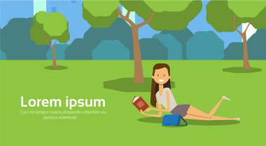 yeşil çim kitap ağaçlar cityscape şablon arka plan yatay kopya alanı düz vektör Illustration okuma Şehir Parkı kadın yatıyor