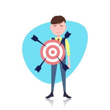 Kederli adam karakter hedef ok hedefi şablon tasarım iş veya animasyon için beyaz arka plan tam uzunluğu düz tutarak