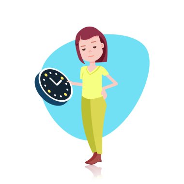 duvar saat şablonu tasarım iş veya animasyon için beyaz arka plan tam uzunluğu düz tutarak kadın karakter