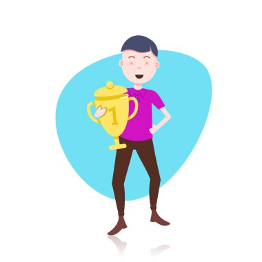 adam karakter kazanmak ödül altın kupa şablon tasarım iş veya animasyon için beyaz arka plan tam uzunluğu düz tutarak