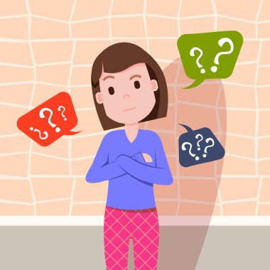 karışık kadın düşünme soru işareti kabarcıklar kadın karakter şablon tasarım çalışmaları ve animasyon düz için