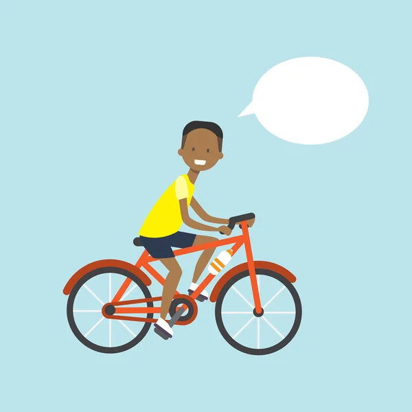 Američan Afričana muž cyklistické chat bubliny charakter celé délce nad plochou modré pozadí — Stockový vektor