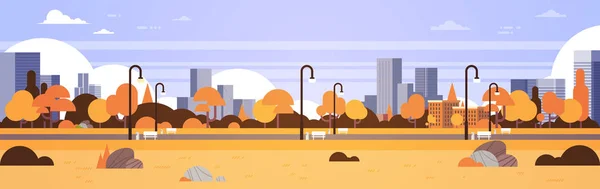 Höstens gula stadspark utomhus staden byggnader gatlyktor stadsbilden konceptet horisontella banner platta — Stock vektor
