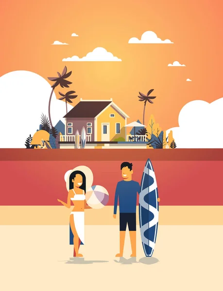 Surfer couple summer vacation man woman surf board on sunset beach villa house tropical island vertical flat — Stock Vector