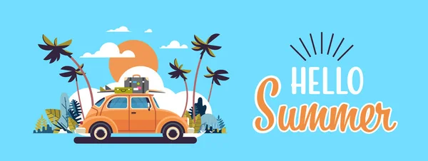 Carro retro com bagagem no telhado tropical pôr do sol praia surfar vintage cartão de saudação banner horizontal com lettering modelo poster flat — Vetor de Stock