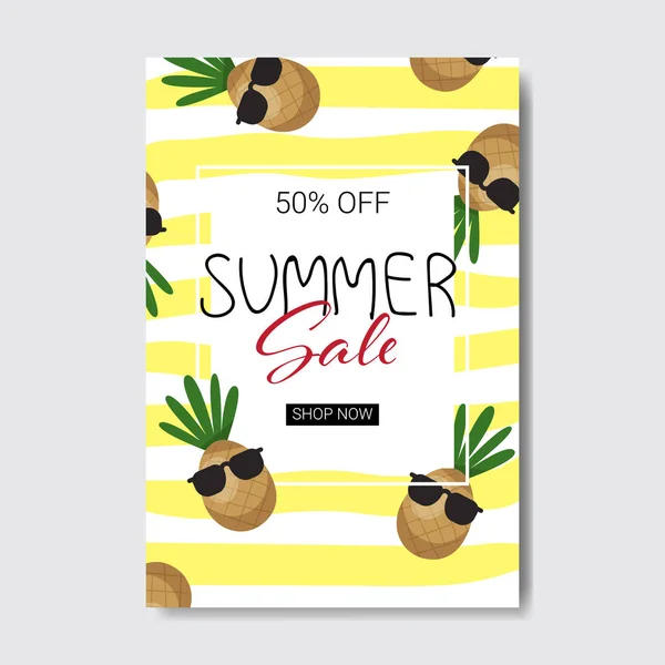 夏季销售菠萝刻字徽章设计标签季节购物徽标模板邀请贺卡打印和海报垂直 — 图库矢量图片