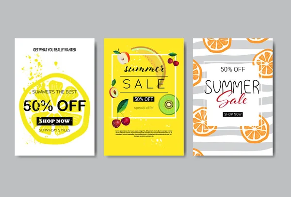 여름 세일 레터링 로고 템플릿 초대장 인사말 카드 인쇄 및 포스터에 대 한 쇼핑 기장 디자인 라벨 시즌 과일을 설정 — 스톡 벡터