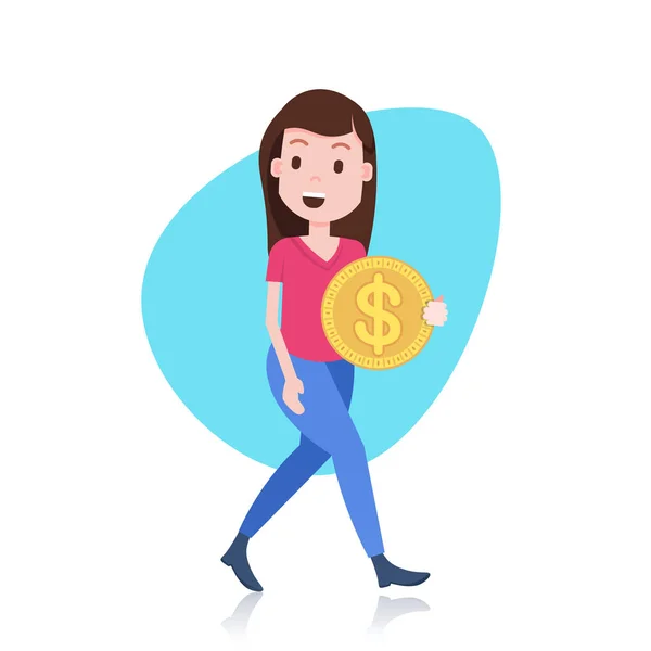 Sonriente personaje mujer celebración de Bitcoin minería criptomoneda plantilla de moneda para el trabajo de diseño o animación sobre fondo blanco longitud completa plana — Vector de stock