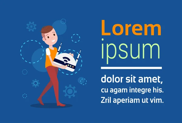 Usmívající se muž znak drží šablonu řadiče bezdrátové dron pro projektové práce nebo animace nad modrým pozadím po celé délce plochý kopie prostor horizontální — Stockový vektor