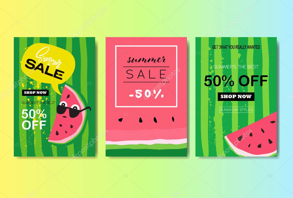 Set summer sale watermelon lettering badge design label season shopping for logo templates invitation greeting card prints and posters vector illustration