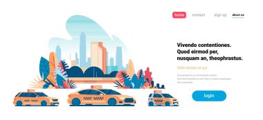 üç farklı taksi araba servis taksi yolu modern şehir cityscape arka yatay düz kopya alanı vektör çizim üzerinde sarı.