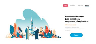 Arap çift Dubai bina cityscape manzarası iş modern yürüyüş kavramı kadın erkek siluet çizgi film karakteri yatay kopya alanı düz seyahat