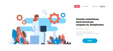 Arapça işadamı oturan işlem kavramı iş adam çizgi film karakteri düz yatay kopya alanı çalışma dizüstü bilgisayar kullanarak